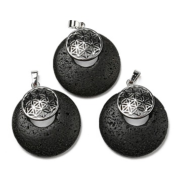 Natural Lava Rock Pendants, Spiritual Charms, with Platinum Tone Brass Findings, Flat Round with Flower of Life/Sacred Geometry, 32~32.5x28~30x7~7.5mm, Hole: 5x8mm