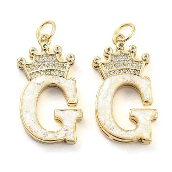 Brass Micro Pave Clear Cubic Zirconia Pendants, with Synthetic Opal, Real 18K Gold Plated, with Jump Ring, Letter G, 26.5~33x14~23.5x3.5~4.5mm, Hole: 4.5mm