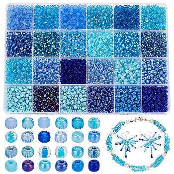 Elite 360g 24 Style Glass Round Seed Beads, Round Hole, Mixed Style, Blue, 4~5x2.5~4.5mm, Hole: 1~1.5mm, 15g/style