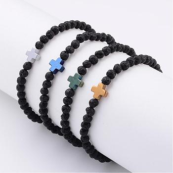 Natural Lava Rock Stretch Bracelets, with Electroplate Non-magnetic Synthetic Hematite Beads, Mixed Color, 2-1/4 inch(55mm)