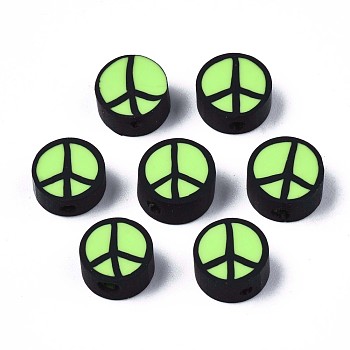 Handmade Polymer Clay Beads, Flat Round with Peace Sign, Lime Green, 9~10x4.5mm, Hole: 1.6mm
