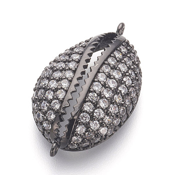 Brass Micro Pave Cubic Zirconia Links, Clear, Lead Free & Cadmium Free, Cowrie Shell Shape, Gunmetal, 22.5x12.5x6mm, Hole: 1mm