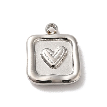 304 Stainless Steel Charms, Square with Heart Charm, Stainless Steel Color, 12.5x10x2.5mm, Hole: 1.2mm
