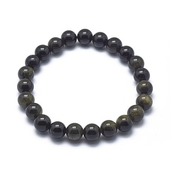 Natural Golden Sheen Obsidian Bead Stretch Bracelets, Round, 2-1/8 inch~2-3/8 inch(5.5~6cm), Bead: 8mm