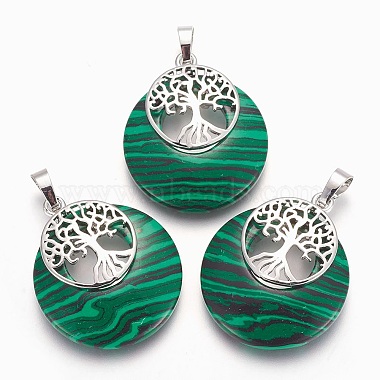 Platinum Green Flat Round Malachite Pendants