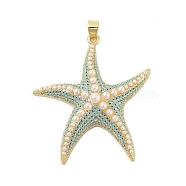 Rack Plating Brass Pave Cubic Zirconia Pendants, with ABS Plastic Pearl, Cadmium Free & Lead Free, Long-Lasting Plated, Real 18K Gold Plated, Starfish, Turquoise, 48x43x10mm, Hole: 6x4mm(KK-Z074-14G)