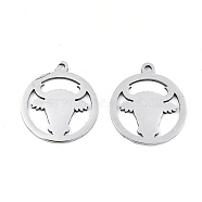 201 Stainless Steel Pendants, Laser Cut, Ring with Ox-Head, Stainless Steel Color, 19.5x17x0.9mm, Hole: 1.5mm(STAS-S081-011)