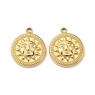 304 Stainless Steel Pendants, Flat Round with Sun Charm, Real 14K Gold Plated, 15x12x2.5mm, Hole: 1.2mm(STAS-L022-207G)