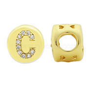 Brass Micro Pave Clear Cubic Zirconia Beads, Flat Round with Letter, Letter.C, 7.5x6.5mm, Hole: 3.5mm, 3pcs/bag(KK-T030-LA843-CX3)