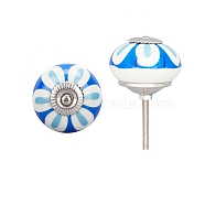 Printing Porcelain Drawer Knobs, with Iron Finding and Screw, for Home, Cabinet, Cupboard and Dresser, Rondelle with Flower Pattern, Blue, 2-1/2 inch(65mm), Ceramic: 40x28mm(FIND-WH0066-04G)