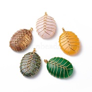 Natural Mixed Gemstone Pendants, with Golden Tone Copper Wire Wrapped, Oval Charm, Mixed Dyed and Undyed, 46.5x31x10mm, Hole: 3mm(PALLOY-JF01895)