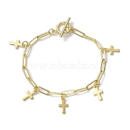 Golden 304 Stainless Steel Charm Bracelets with Brass Paperclip Chains, Cross, 7-1/2~7-5/8 inch(19.2~19.3cm)(BJEW-JB10031-03)