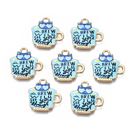 Rack Plating Alloy Enamel Charms, Free & Nickel Free & Lead Free, Cup with Cat & Word, Cyan, 15x15x1.9mm, Hole: 1.8mm(ENAM-T011-140D)