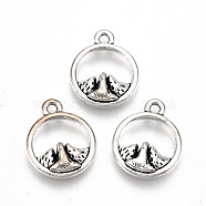 Tibetan Style Alloy Charms, Lead Free & Cadmium Free, Flat Round with Mountain, Antique Silver, 13.5x11x2mm, Hole: 1.4mm, about 925pcs/500g(TIBE-S323-063AS-RS)