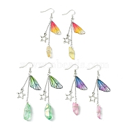 3 Pairs 3 Colors Dyed Natural Quartz Crystal Dangle Earrings, Resin Wings with Alloy Star Long Drop Earrings, Mixed Color, 83x12mm, 1 Pair/color(EJEW-TA00380)