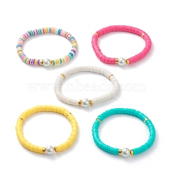 Handmade Polymer Clay Heishi Beads Stretch Bracelets, with Brass Spacer Beads and Round Glass Pearl Beads, Mixed Color, Inner Diameter: 2-1/8 inch(5.5cm)(BJEW-JB05759)