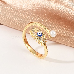 Evil Eye Brass Micro Pave Clear Cubic Zirconia Open Cuff Rings for Women. with ABS Plastic Imitation Pearl and Enamel, Real 18K Gold Plated, Inner Diameter: 17mm(RJEW-G343-20G)