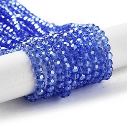 Electroplate Transparent Glass Beads Strands, Faceted(32 Facets), Round, Pearl Luster Plated, Royal Blue, 4mm, Hole: 0.7mm, about 88~95pcs/strand, 12.99~14.06 inch(33~35.7cm)(EGLA-A035-T4mm-A14)