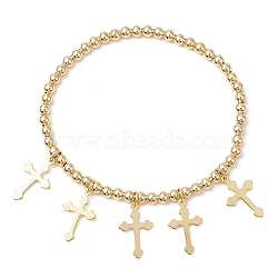 Brass Round Beaded Stretch Bracelets, with 304 Stainless Steel Cross Pendants, Golden, Inner Diameter: 2-1/4 inch(5.6cm)(BJEW-TA00467)