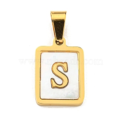 PVD Vacuum Plating 304 Stainless Steel Pave Natural White Shell Pendants, Rectangle with Letter Charms, Golden, Letter S, 17.5x12x1.5mm, Hole: 6x3mm(STAS-S130-03G-S)