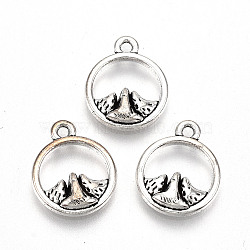 Tibetan Style Alloy Charms, Lead Free & Cadmium Free, Flat Round with Mountain, Antique Silver, 13.5x11x2mm, Hole: 1.4mm, about 925pcs/500g(TIBE-S323-063AS-RS)