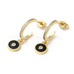 Ring & Evil Eye Real 18K Gold Plated Brass Stud Earrings, Half Hoop Earrings with Cubic Zirconia and Enamel, Black, 22.5x7mm(EJEW-L268-037G-01)