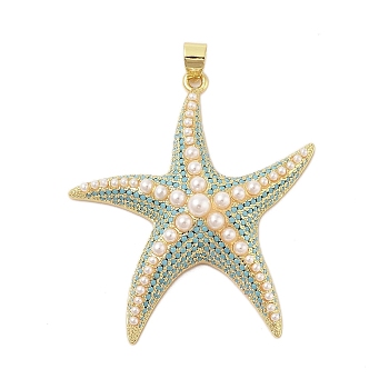 Rack Plating Brass Pave Cubic Zirconia Pendants, with ABS Plastic Pearl, Cadmium Free & Lead Free, Long-Lasting Plated, Real 18K Gold Plated, Starfish, Turquoise, 48x43x10mm, Hole: 6x4mm