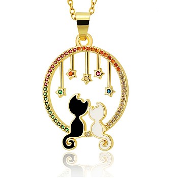 Full Moon with Double Cat and Star Pendant Necklace, Jewelry Mother’s Day Gift for Women, Golden, Black, 16.34 inch(41.5cm)
