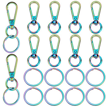 PandaHall Elite Rainbow Color Zinc Alloy Keychain Clasps, with Ion Plating(IP) 304 Stainless Steel Split Key Rings, Clasp: 49x18x6mm, Inner Diameter: 10mm, 10pcs; Key Rings: 25x2mm, 10pcs