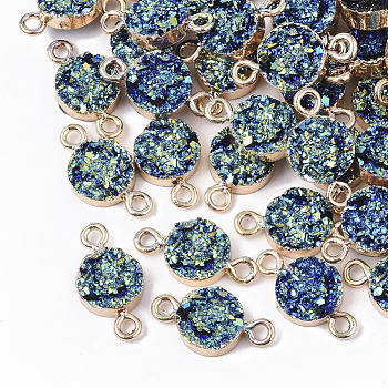 Druzy Resin Links connectors, with Edge Light Gold Plated Iron Loops, Flat Round, AB Color Plated, Colorful, 18~19x10x4mm, Hole: 1.8mm