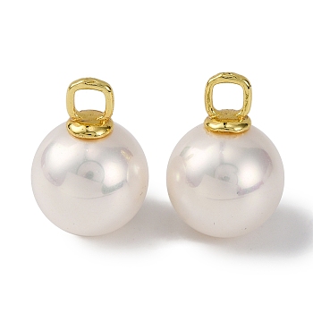 Rack Plating Brass & Shell Pearl Ball Pendants, Round Charms, Real 18K Gold Plated, 20.5x14~14.5mm, Hole: 4x3.7mm