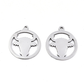 201 Stainless Steel Pendants, Laser Cut, Ring with Ox-Head, Stainless Steel Color, 19.5x17x0.9mm, Hole: 1.5mm