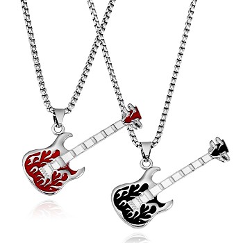 2Pcs 2 Color Couple Necklaces, Iron Guitar Pendant Necklaces with Enamel for Bestfriend Lovers, Stainless Steel Color, Mixed Color, 27.17 inch(69cm), 1Pc/color