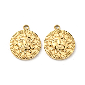 304 Stainless Steel Pendants, Flat Round with Sun Charm, Real 14K Gold Plated, 15x12x2.5mm, Hole: 1.2mm