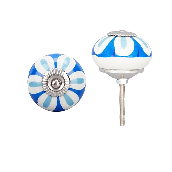 Printing Porcelain Drawer Knobs, with Iron Finding and Screw, for Home, Cabinet, Cupboard and Dresser, Rondelle with Flower Pattern, Blue, 2-1/2 inch(65mm), Ceramic: 40x28mm