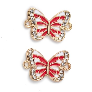 Alloy Enamel Connector Charms, Butterfly Links with Crystal Rhinestone, Light Gold, Cadmium Free & Nickel Free & Lead Free, Red, 21x13x1.7mm, Hole: 1.6mm