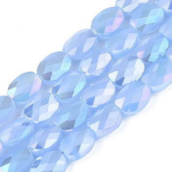 Electroplate Glass Beads Strands, AB Color Plated, Imitation Jade Glass, Oval, Faceted, Cornflower Blue, 8x6.5x4mm, Hole: 1.2mm, about 72pcs/strand, 23.62 inch(60cm)