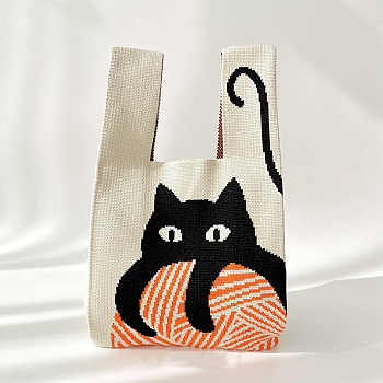 Polyester Cat Print Knitted Tote Bags, Cartoon Crochet Handbags for Women, Beige, 36x20cm