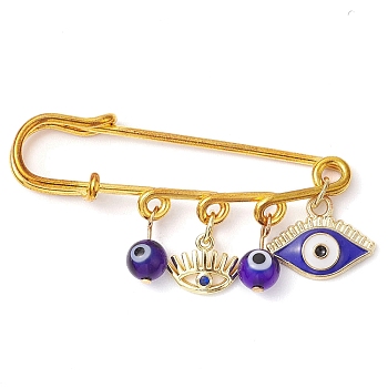 Blue Evil Eye Resin & Alloy Enamel Eye Charm Kilt Pins, Iron Safety Brooch, Golden, 26x55.5x5.5mm