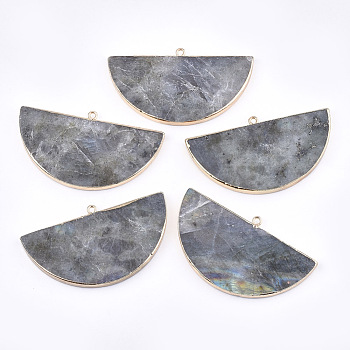 Electroplate Natural Labradorite Big Pendants, with Iron Findings, Semicircle, Golden, 34~35x60~62x4~5mm, Hole: 2mm