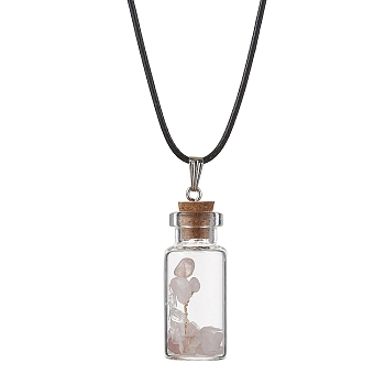 Glass Wish Bottle Pendant Necklace, Natural Rose Quartz Chips Tree Necklace, 17.83 inch(45.3cm)