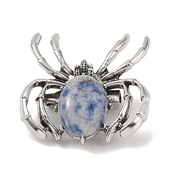 Natural Blue Spot Jasper Brooches, with Alloy Findings, Spider, Antique Silver, 37x34x8mm