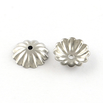 Flower 304 Stainless Steel Bead Caps, Stainless Steel Color, 10x4mm, Hole: 1mm