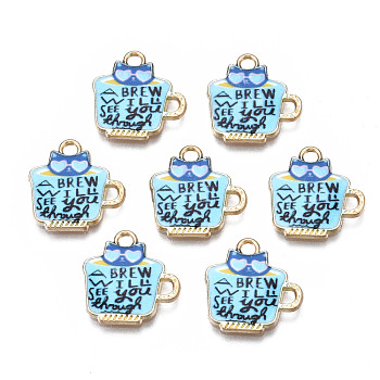 Rack Plating Alloy Enamel Charms, Free & Nickel Free & Lead Free, Cup with Cat & Word, Cyan, 15x15x1.9mm, Hole: 1.8mm