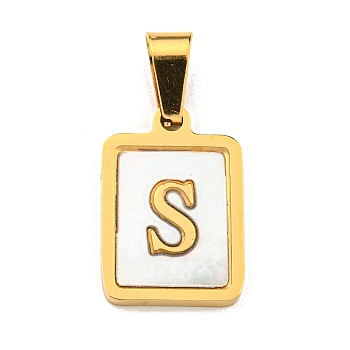 PVD Vacuum Plating 304 Stainless Steel Pave Natural White Shell Pendants, Rectangle with Letter Charms, Golden, Letter S, 17.5x12x1.5mm, Hole: 6x3mm