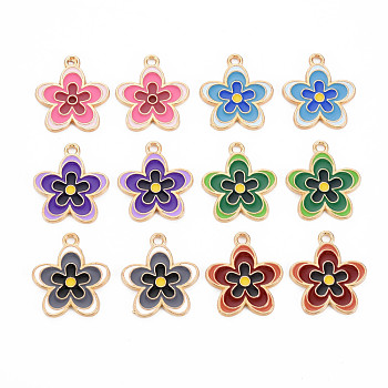 Light Gold Alloy Enamel Pendants, Cadmium Free & Nickel Free & Lead Free, Flower, Mixed Color, 21x18.5x1.5mm, Hole: 1.8mm