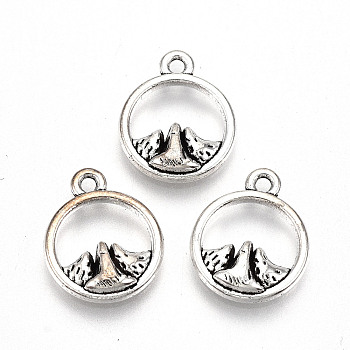 Tibetan Style Alloy Charms, Lead Free & Cadmium Free, Flat Round with Mountain, Antique Silver, 13.5x11x2mm, Hole: 1.4mm, about 925pcs/500g