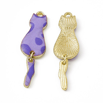 Painted Alloy Pendants, Cat Charm, Cadmium Free & Nickel Free & Lead Free, Golden, Lilac, 34x10x2.4mm, Hole: 1.5mm