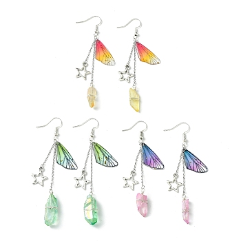 3 Pairs 3 Colors Dyed Natural Quartz Crystal Dangle Earrings, Resin Wings with Alloy Star Long Drop Earrings, Mixed Color, 83x12mm, 1 Pair/color