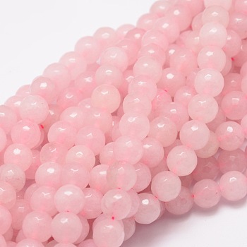 Dyed Natural White Jade Round Beads Strands, Faceted, Pink, 8mm, Hole: 1mm, about 48pcs/strand, 15.3 inch